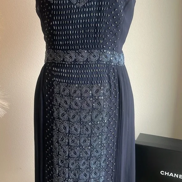 Tory Burch Silk Beaded Sequin Luxe Pleated Cocktail Dress in Navy Size 4 - Picture 5 of 16